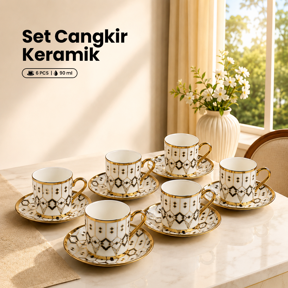 ONLYJIA Set Cangkir Kopi Keramik 6in1 Plated Pattern Coffee Cup 90ml - DW3355