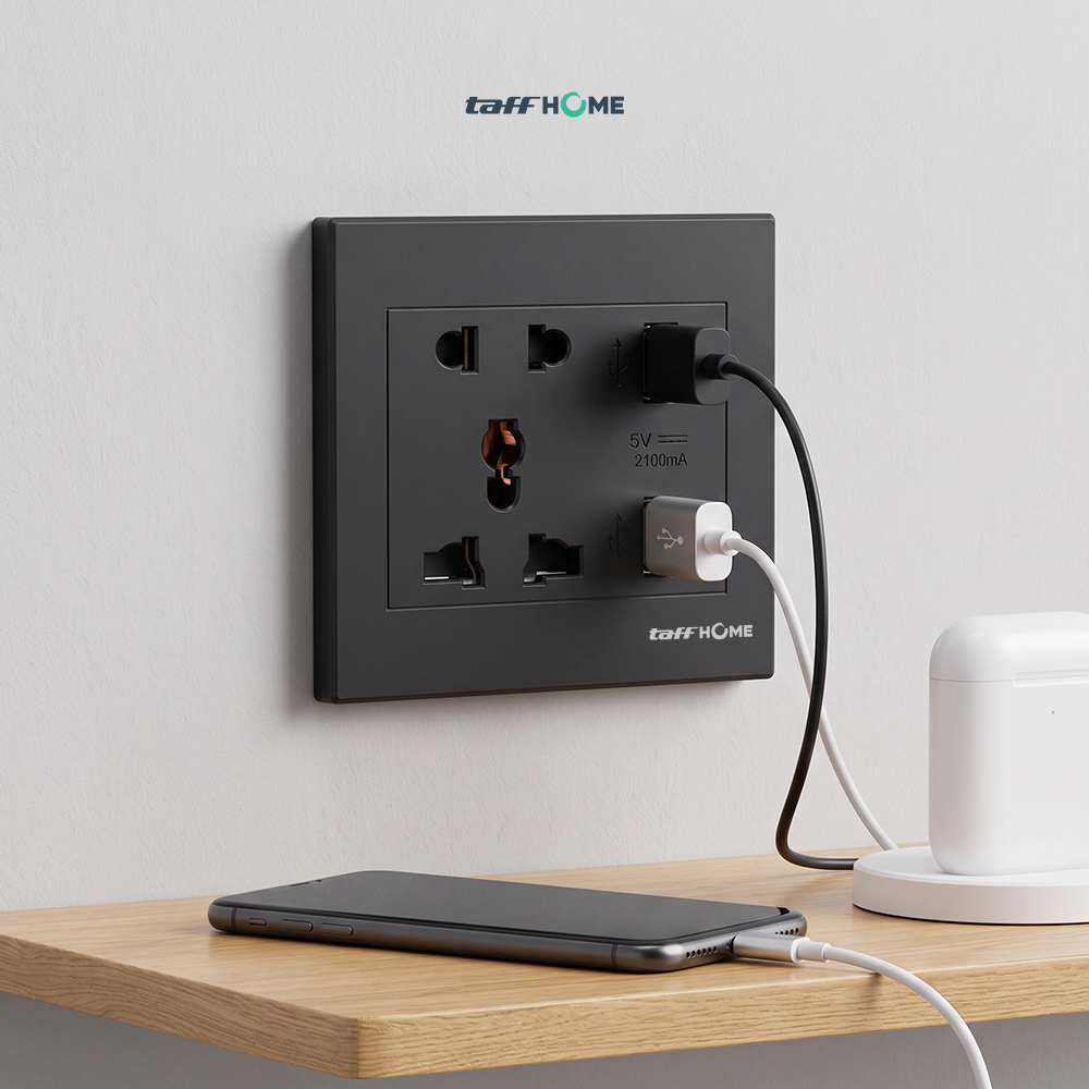 Gambar produk Taffware Stop Kontak Dinding Universal 1 Soket 2 USB A 250V 10A - Y1-001 - 5