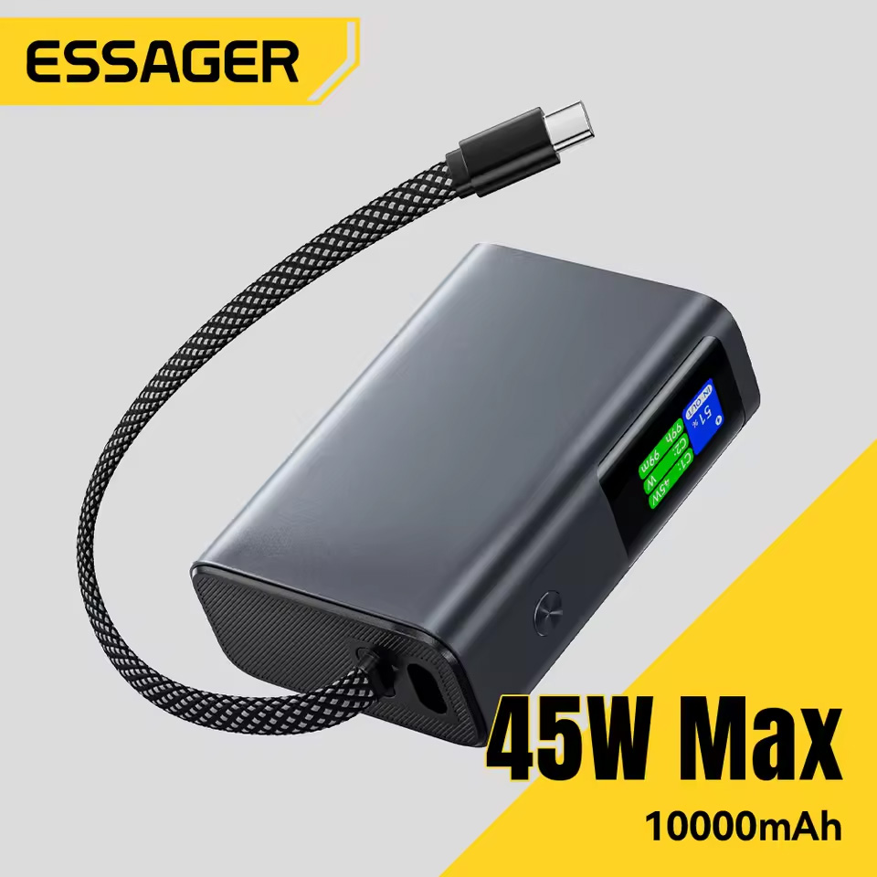 ESSAGER Power Bank Digital Display USB C Built-in Cable 45W 10000mAh - EDY1W-ZC0G-Z