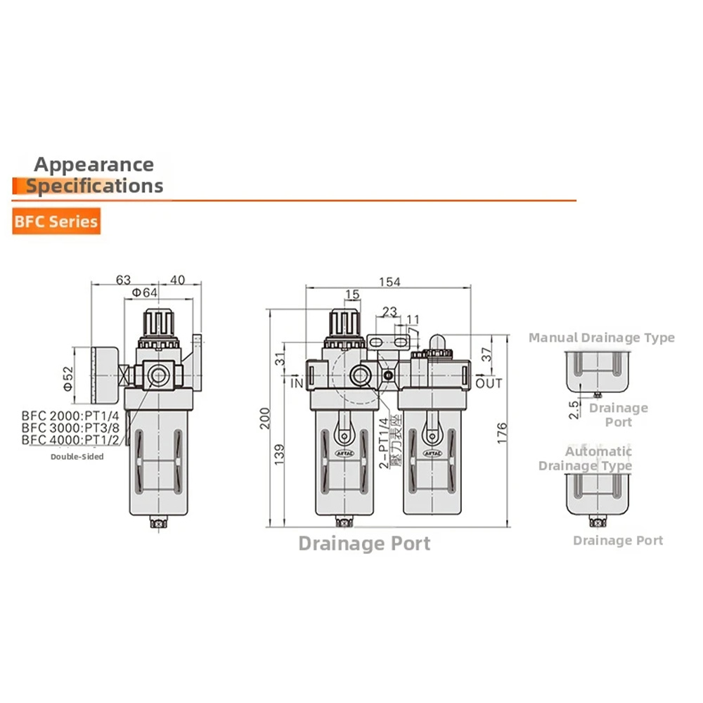 Gambar produk ATO Air Filter Regulator Pneumatic Saringan Kompresor Angin PT1/4 - BFC-2000 - 7