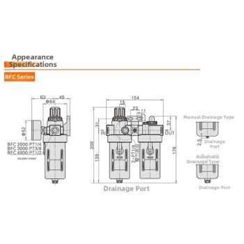 Gambar produk ATO Air Filter Regulator Pneumatic Saringan Kompresor Angin PT1/4 - BFC-2000 - 7
