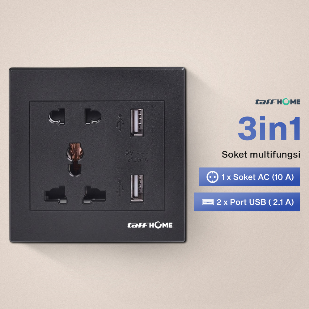Gambar produk Taffware Stop Kontak Dinding Universal 1 Soket 2 USB A 250V 10A - Y1-001 - 3