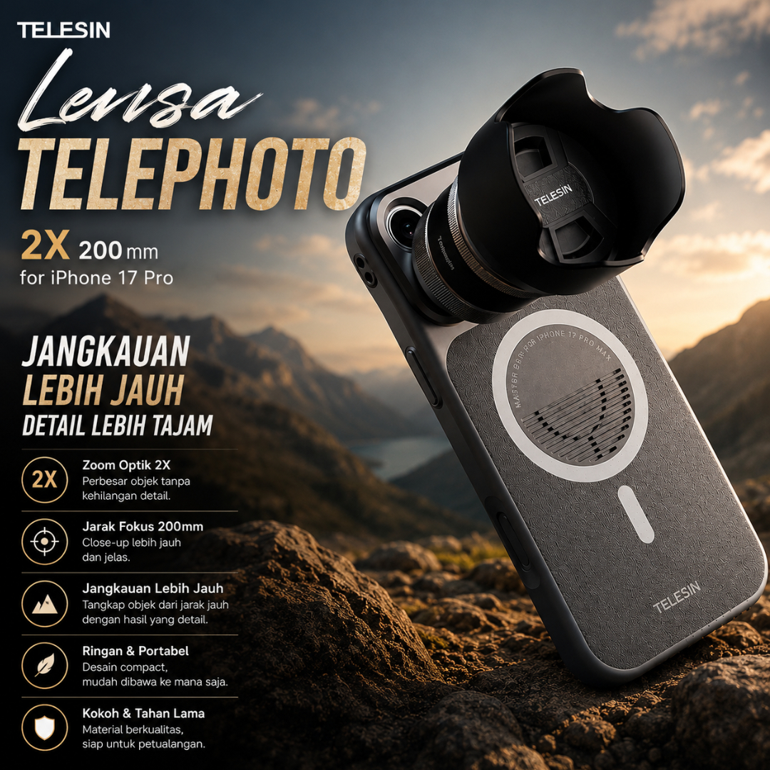 Gambar produk TELESIN Lensa Telephoto ED Glass 2X 200mm for IPhone 17 Pro - P5-FLT-014-TIP - Utama