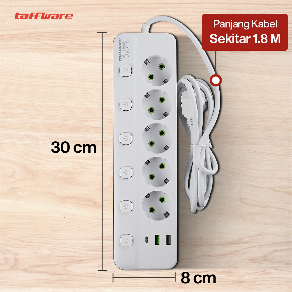 Gambar produk Taffware Stop Kontak Kabel 5 Socket 2 USB A USB C 1.8M 10A 250V 2500W - QL-1098U - 7