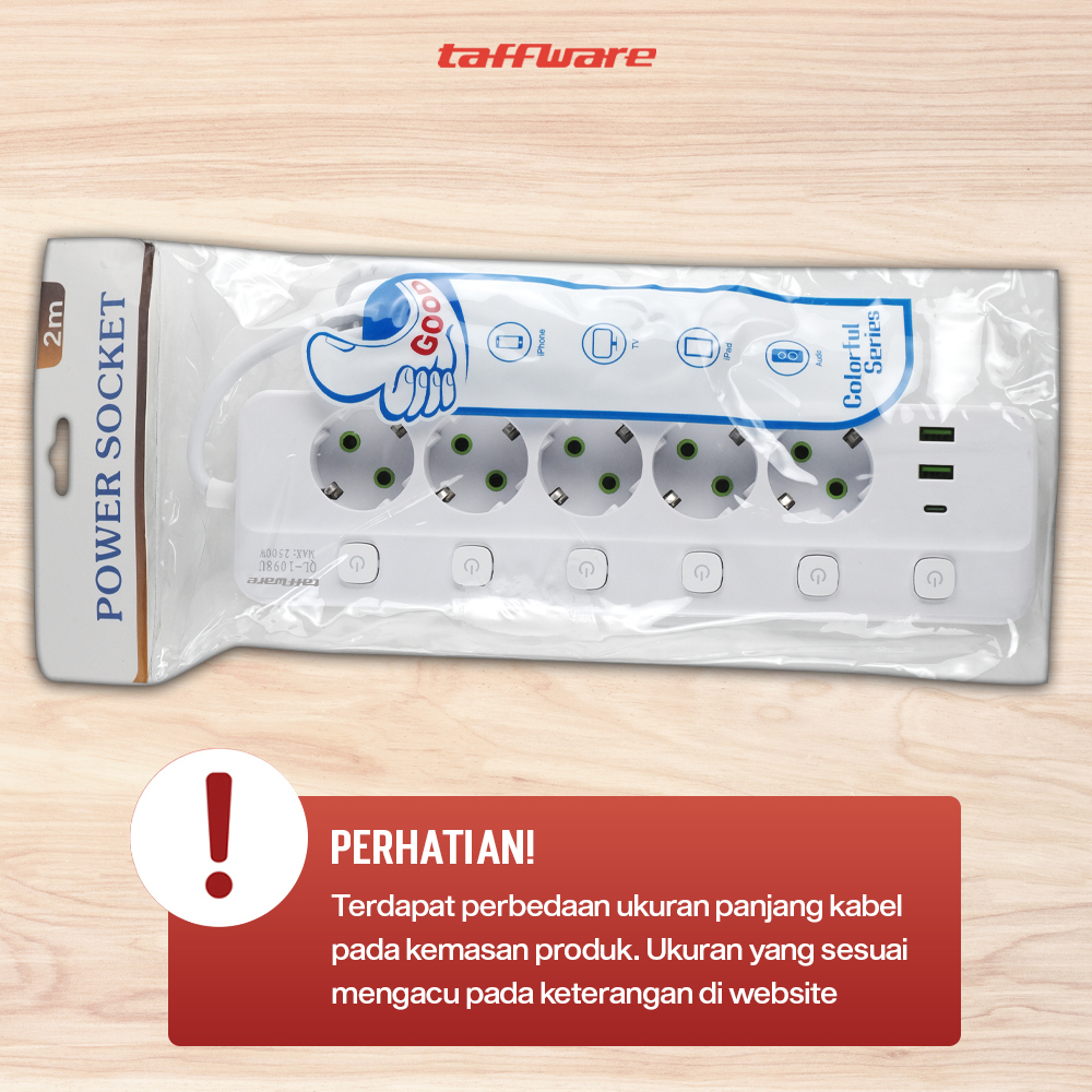Gambar produk Taffware Stop Kontak Kabel 5 Socket 2 USB A USB C 1.8M 10A 250V 2500W - QL-1098U - Kemasan