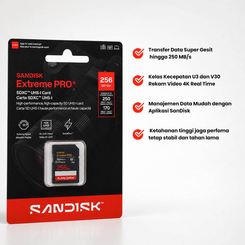 Gambar produk SanDisk Extreme PRO SDXC/HC UHS-I Card U3 V30 4K UHD 250MB/s 256GB - SDSDXXJ - 2