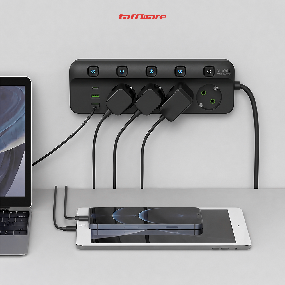 Gambar produk Taffware Stop Kontak Kabel 4 Socket 2 USB A USB C 1.8M 10A 250V 2500W - QL-1097U - 6