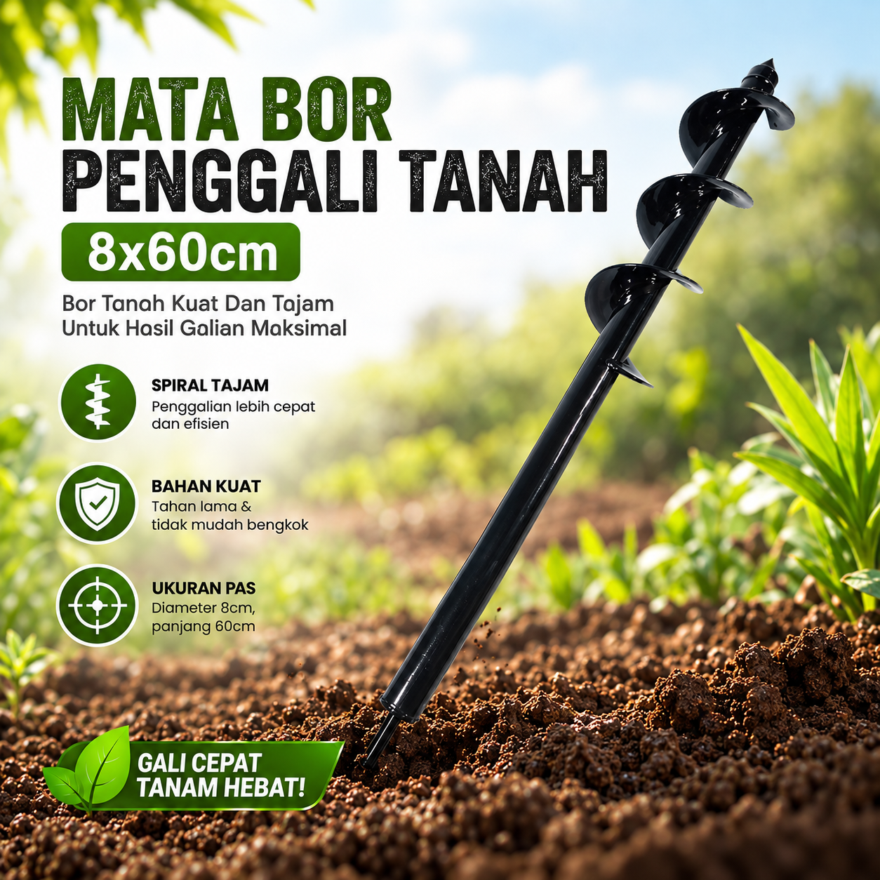Gambar produk MPT Mata Bor Penggali Tanah Auger Spiral Drill Head Biopori 8x60cm - FG08 - Utama