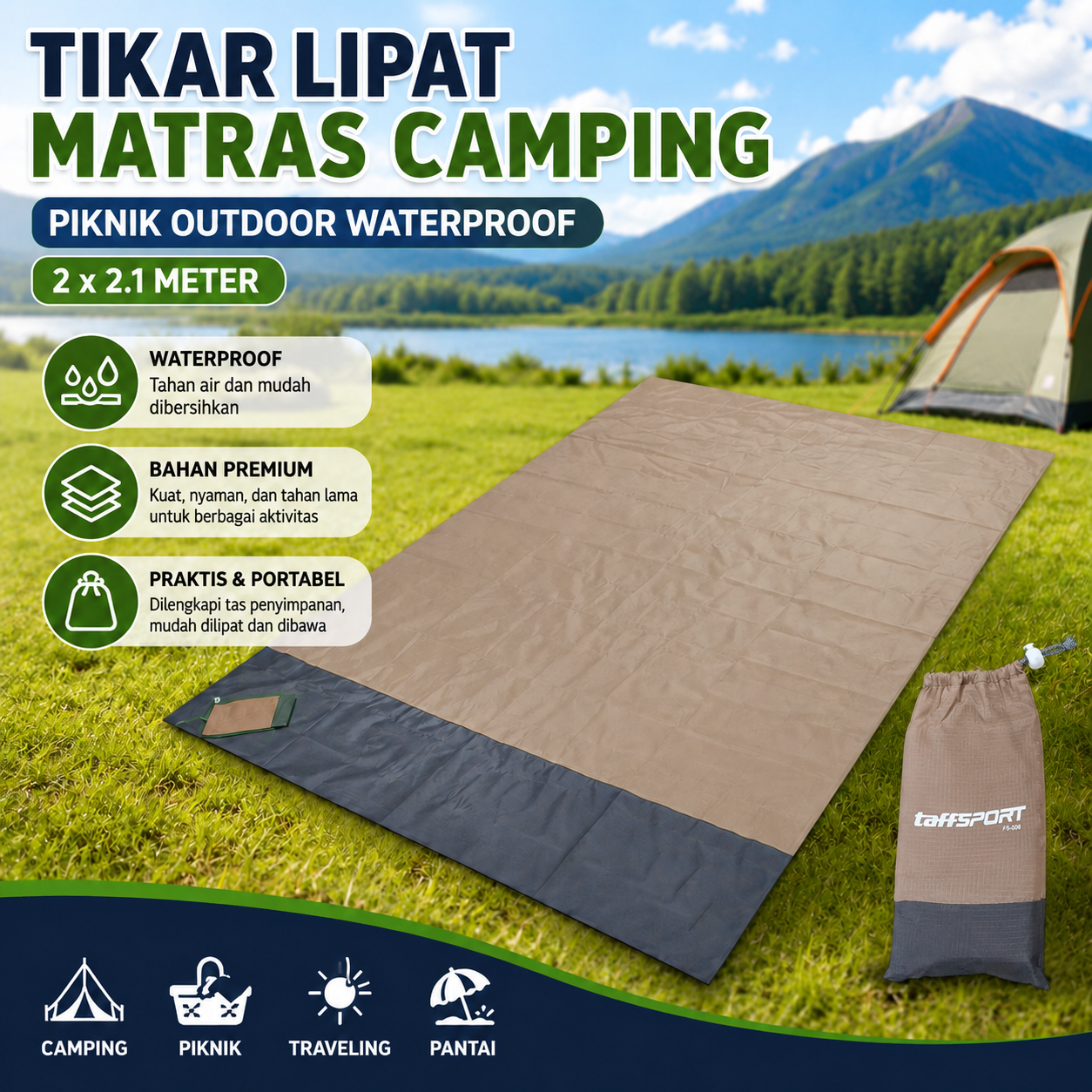 Gambar produk TaffSPORT Tikar Lipat Matras Camping Piknik Outdoor Waterproof Mat 2x2.1M - FS-008 - Utama