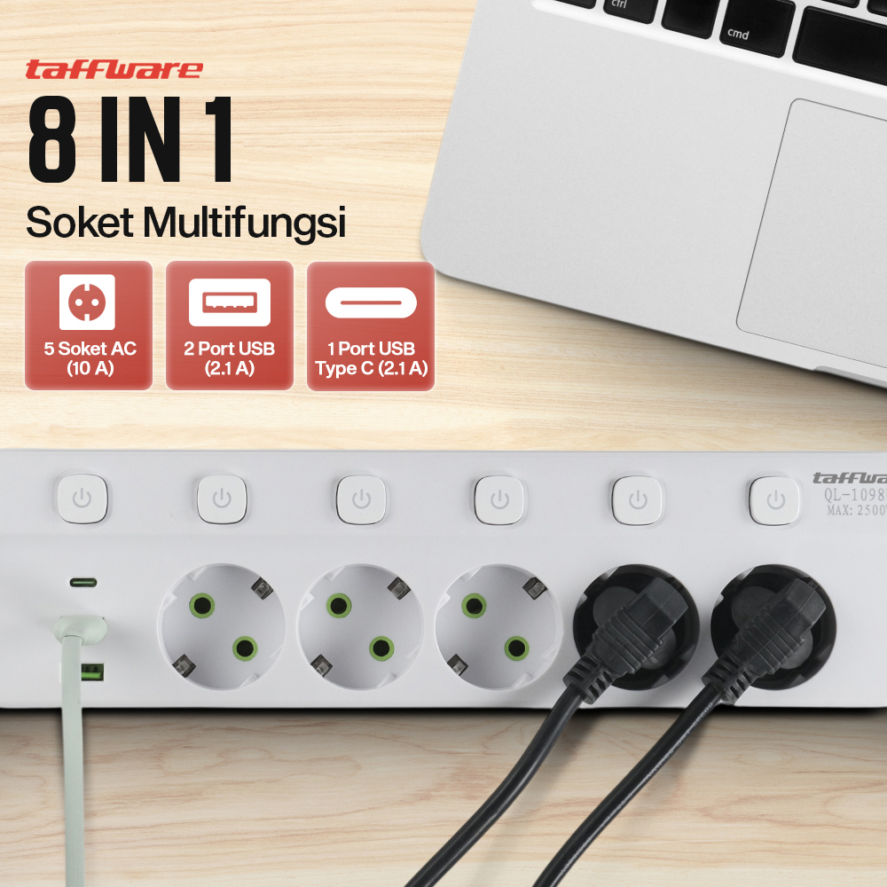 Gambar produk Taffware Stop Kontak Kabel 5 Socket 2 USB A USB C 1.8M 10A 250V 2500W - QL-1098U - 2