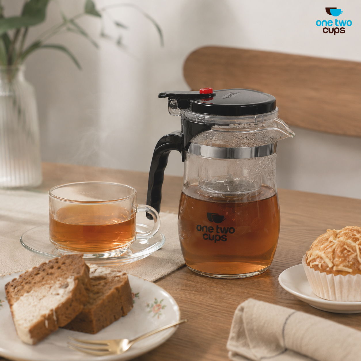 Gambar produk One Two Cups Teko Teh Borosilikat Saringan Tahan Panas Teapot 700ml - TP-757 - 5