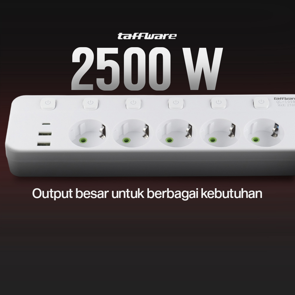 Gambar produk Taffware Stop Kontak Kabel 5 Socket 2 USB A USB C 1.8M 10A 250V 2500W - QL-1098U - 1