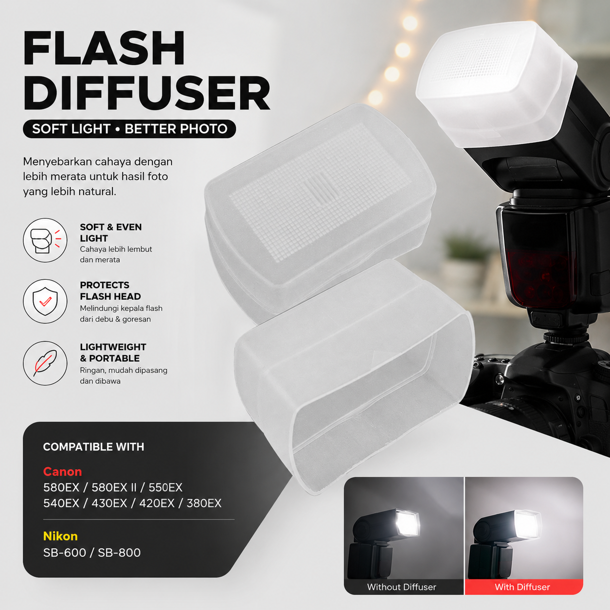 Gambar produk TaffSTUDIO Flash Diffuser Soft Light for Canon 580EX 430EX Nikon SB800 - Utama