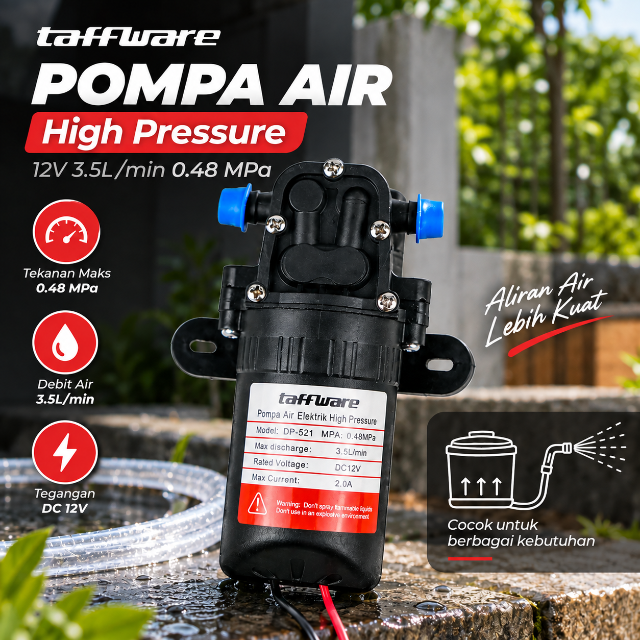 Gambar produk Taffware Pompa Air Elektrik High Pressure Water Pump 12V 3.5L/min - DP-521 - Utama