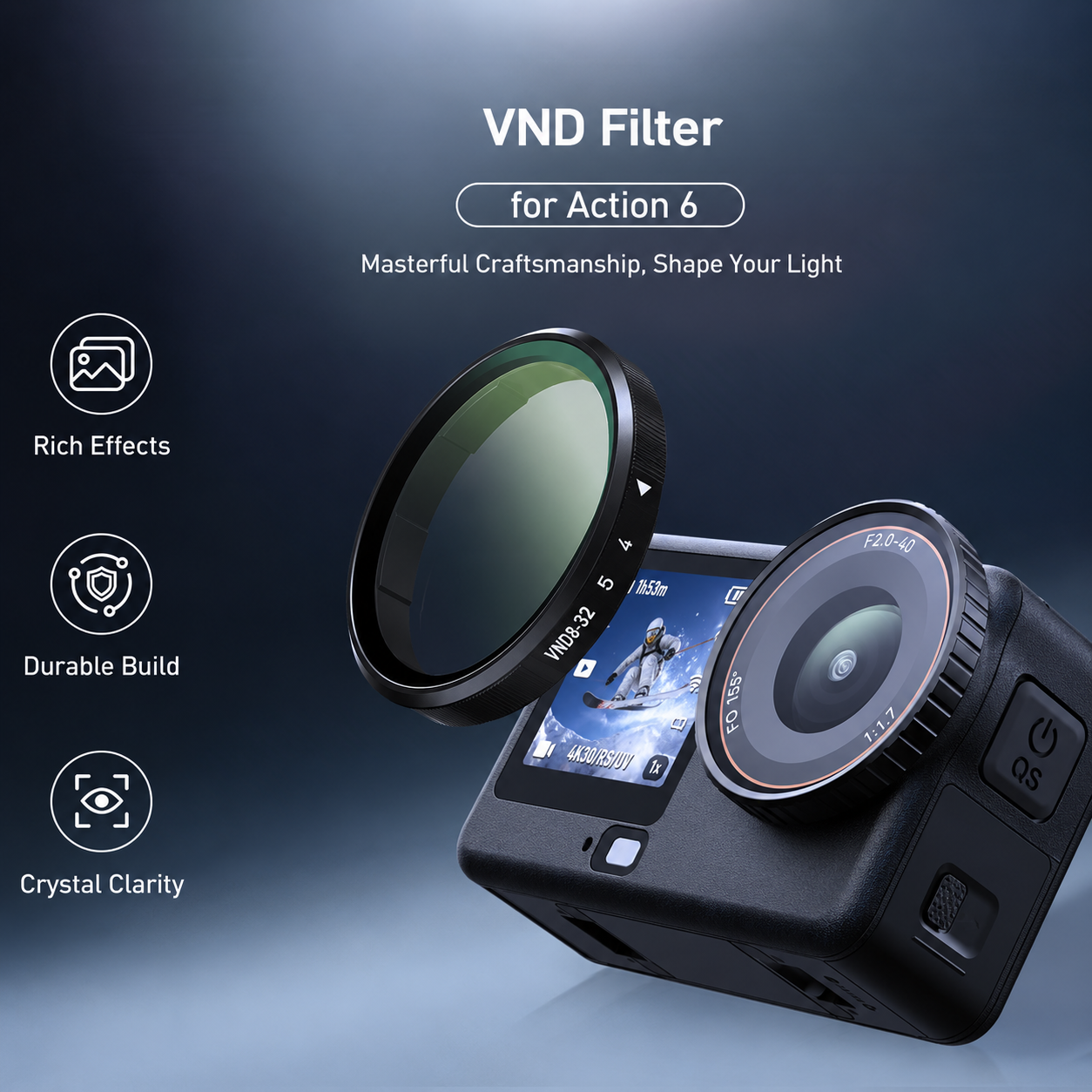 Gambar produk TELESIN Lens Camera Filter VND8-32 for DJI Osmo Action 6 Clip On - S5-FLT-77-TDJ - Utama