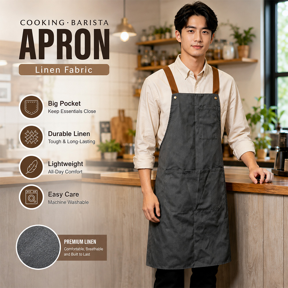 Gambar produk Bulc Celemek Masak Apron Linen Dapur Barista Model Kantong Depan - JJ45 - Utama