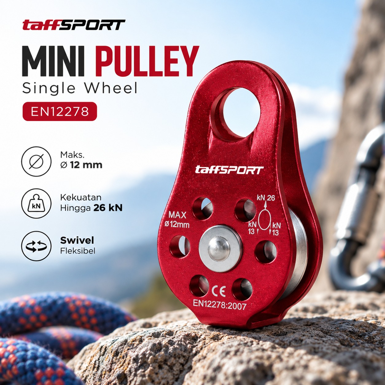 Gambar produk TaffSPORT Katrol Kerekan Mini Swivel Pulley Single Wheel - EN12278 - Utama