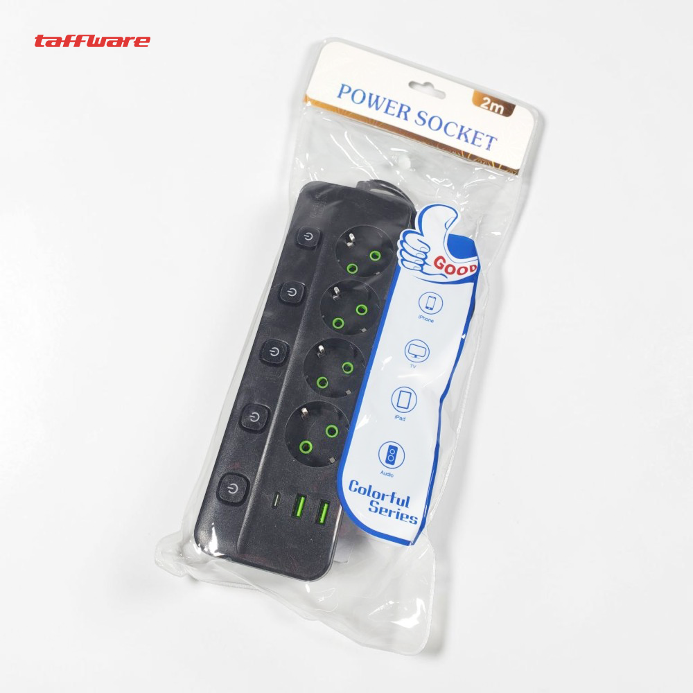 Gambar produk Taffware Stop Kontak Kabel 4 Socket 2 USB A USB C 1.8M 10A 250V 2500W - QL-1097U - Kemasan