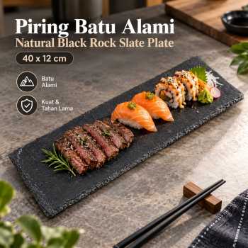 Uibqut Piring Batu Alami Natural Black Rock Slate Plate Sushi Steak - UB1342