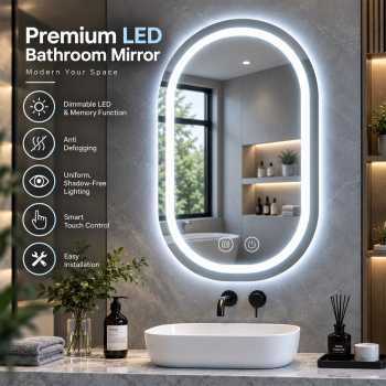Nev Cermin Aesthetic Oval Dinding LED Wall Mirror Bathroom 12W 50x80cm - 1066