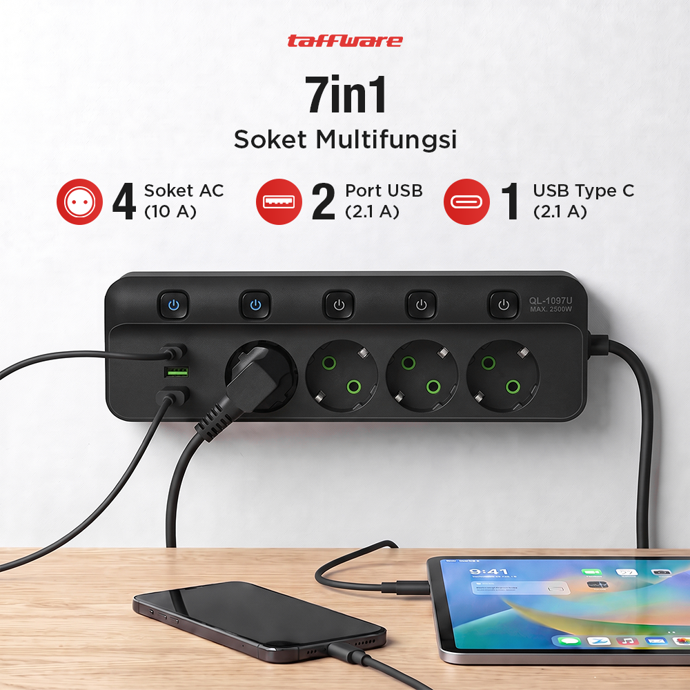 Gambar produk Taffware Stop Kontak Kabel 4 Socket 2 USB A USB C 1.8M 10A 250V 2500W - QL-1097U - 2