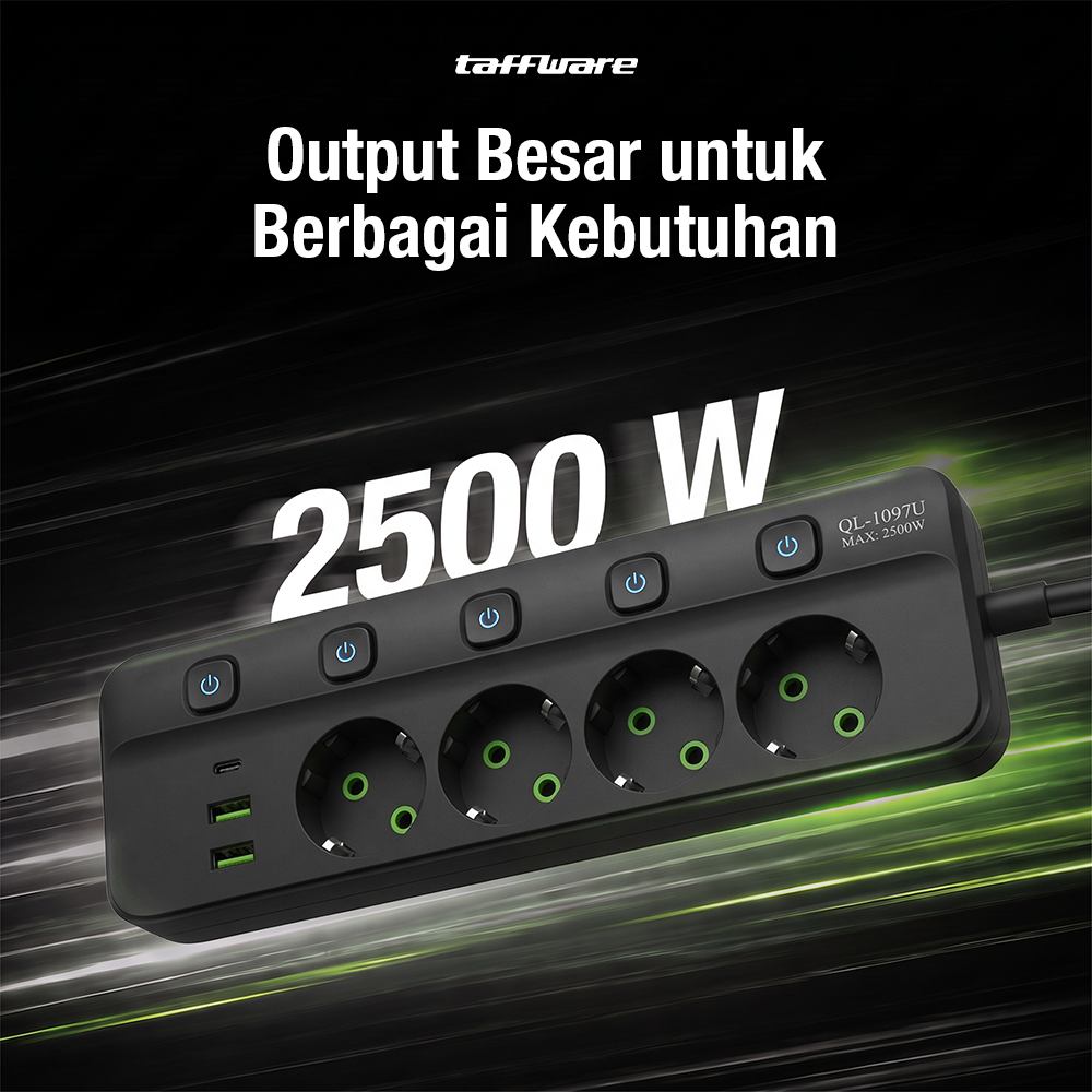 Gambar produk Taffware Stop Kontak Kabel 4 Socket 2 USB A USB C 1.8M 10A 250V 2500W - QL-1097U - 1