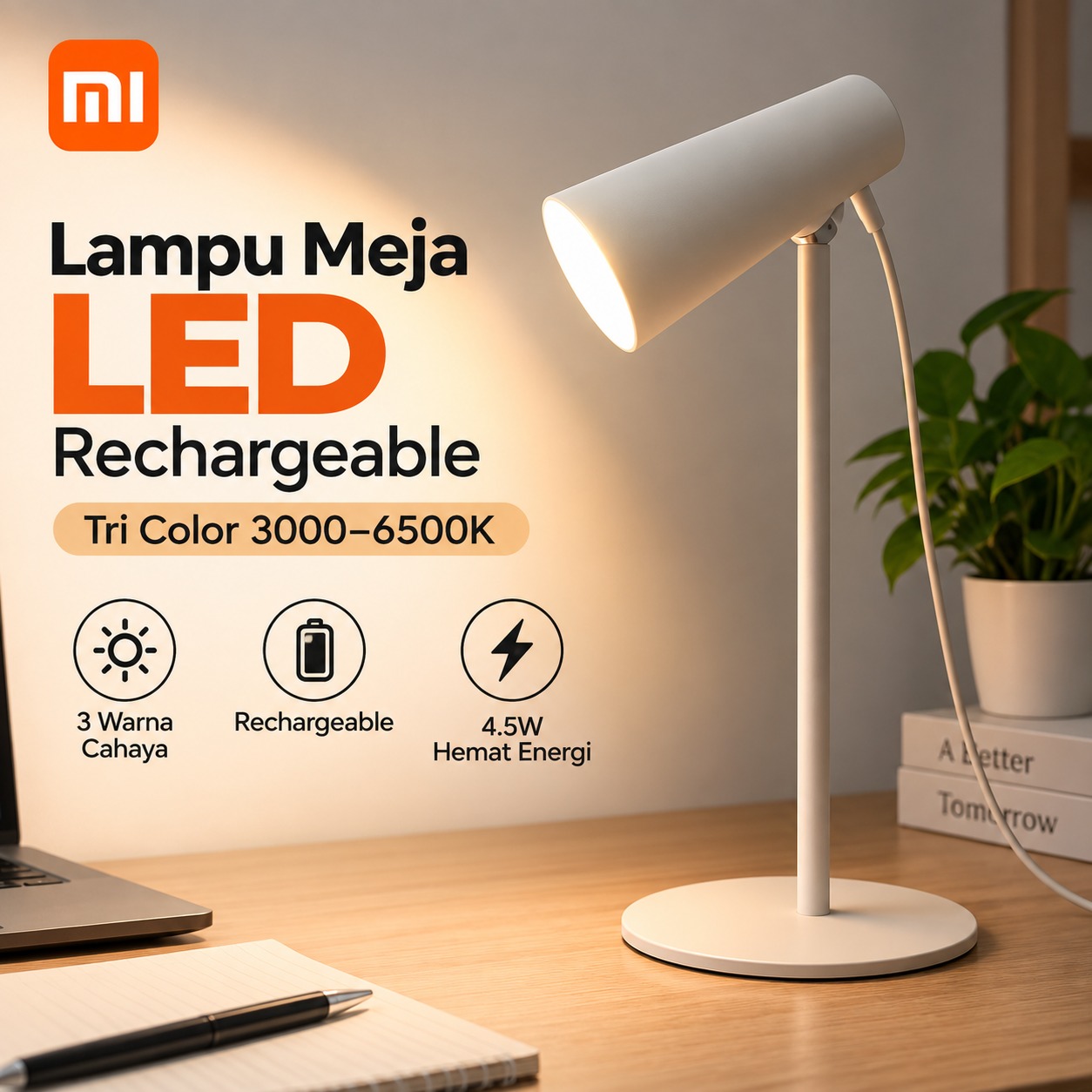 Gambar produk Xiaomi Mijia Lampu Meja Belajar LED Rechargeable Tri Color 4.5W - MJTD05YL - Utama