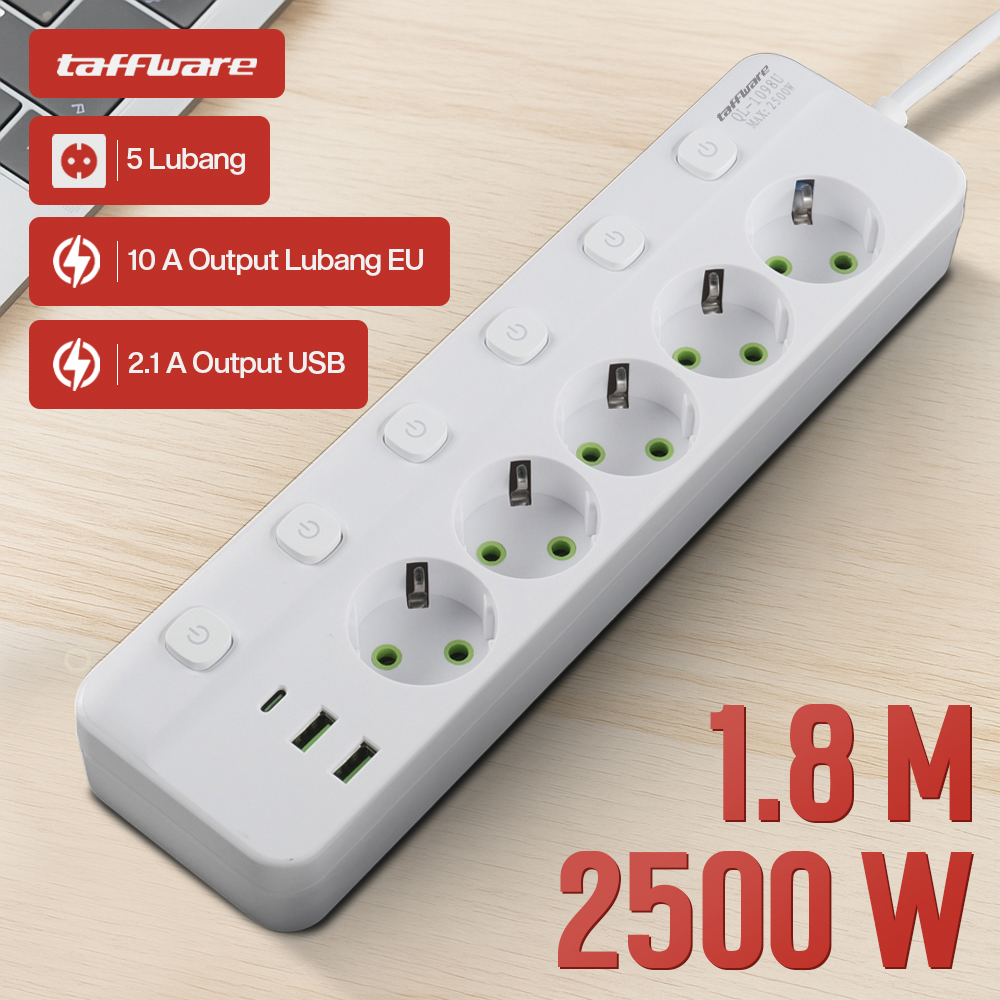 Gambar produk Taffware Stop Kontak Kabel 5 Socket 2 USB A USB C 1.8M 10A 250V 2500W - QL-1098U - Utama