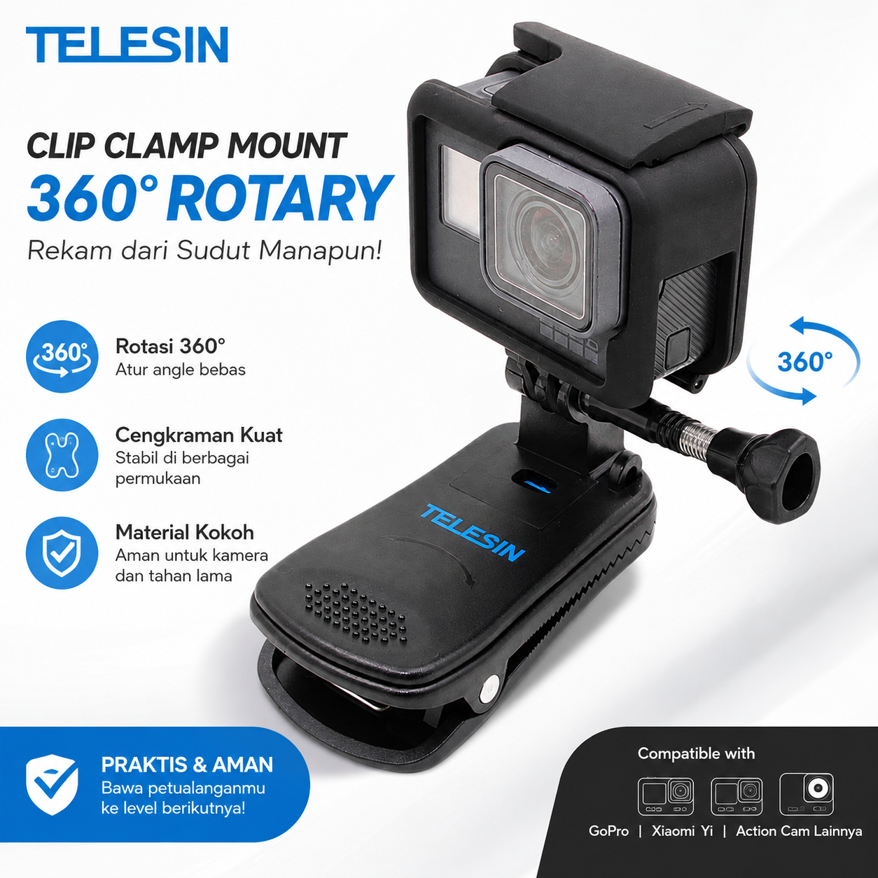 Gambar produk TELESIN Clip Clamp Mount 360 Rotary for GoPro / Xiaomi Yi - Utama