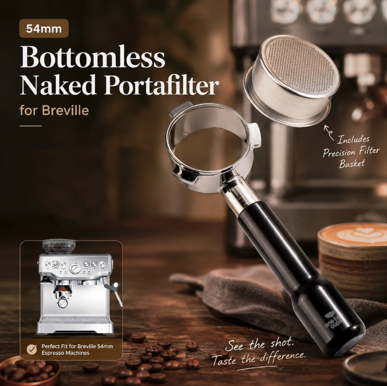 Gambar produk One Two Cups Bottomless Naked Portafilter Stainless 54mm for Breville - FR4 - Utama