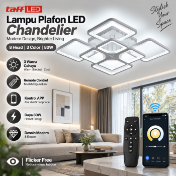 TaffLED Lampu Plafon LED Chandelier Remote App 8 Head 3 Color 80W - White
