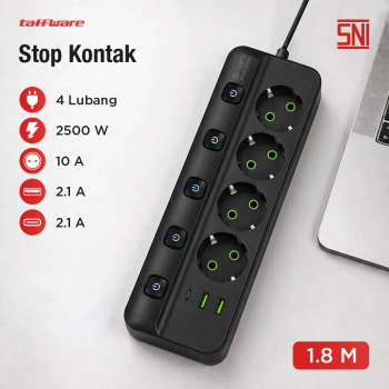 Taffware Stop Kontak Kabel 4 Socket 2 USB A USB C 1.8M 10A 250V 2500W - QL-1097U