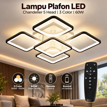 TaffLED Lampu Plafon LED Chandelier Remote App 5 Head 3 Color 60W - Black