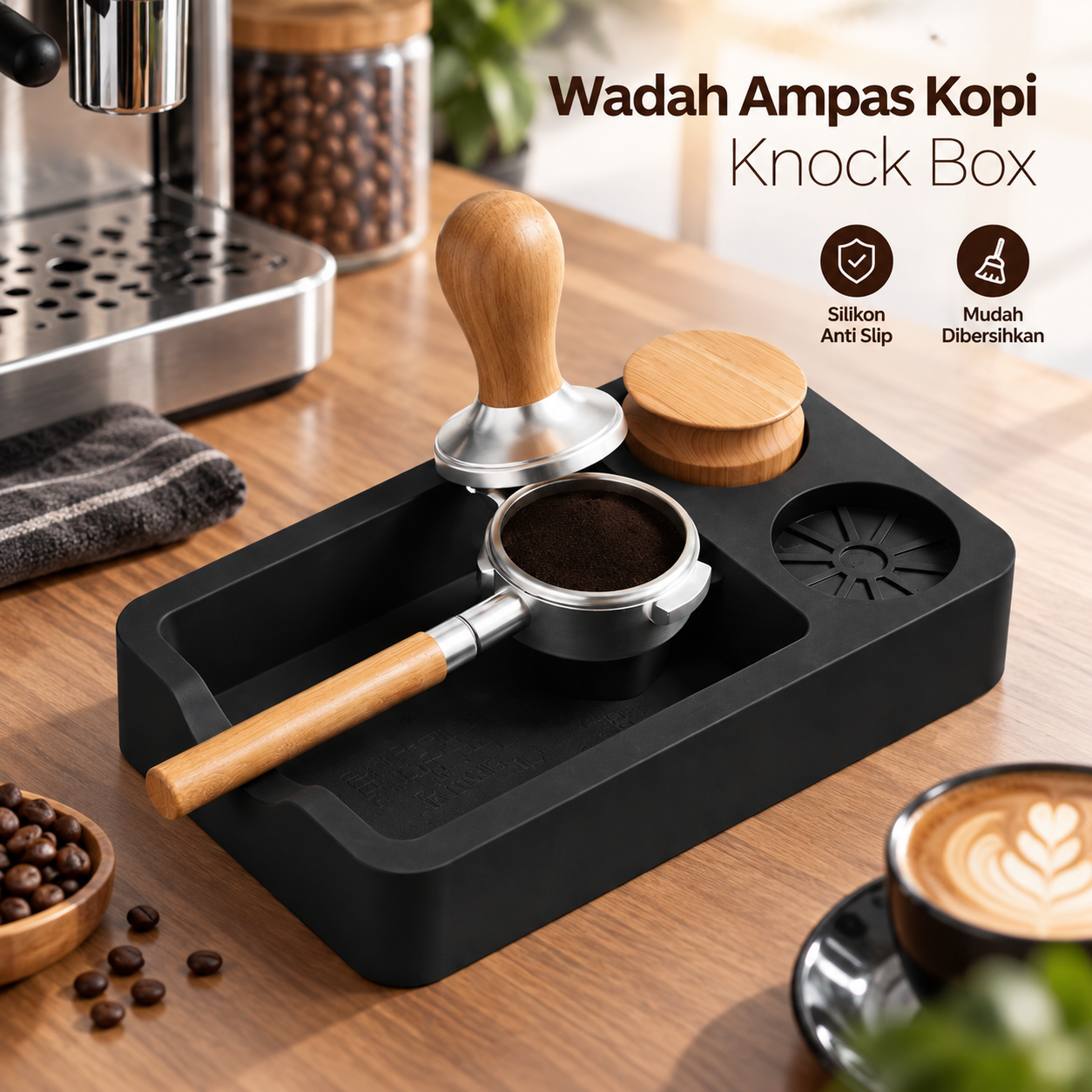 Gambar produk One Two Cups Wadah Ampas Kopi Knock Box Portafilter Tamper Mat Storage - BB-200 - Utama