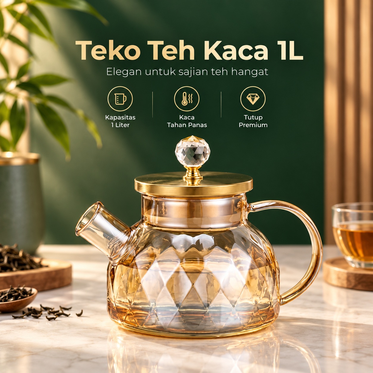Gambar produk One Two Cups Teko Teh Kaca Tahan Panas Water Jug Borosilicate Teapot 1L - TK12 - Utama