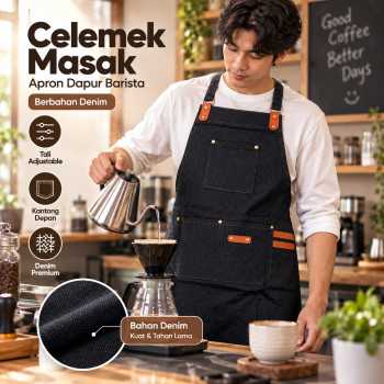 Gambar produk Bulc Celemek Masak Apron Dapur Barista Kantong Depan Adjustable Strap Denim - JJ50
