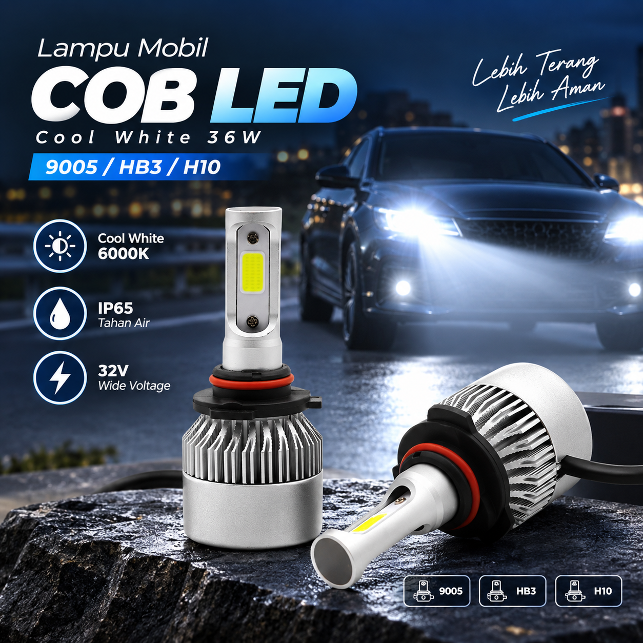 Gambar produk TaffLED Lampu Depan Mobil COB LED Headlamp Cool White IP65 32V 9005/HB3/H10 - S2 - Utama
