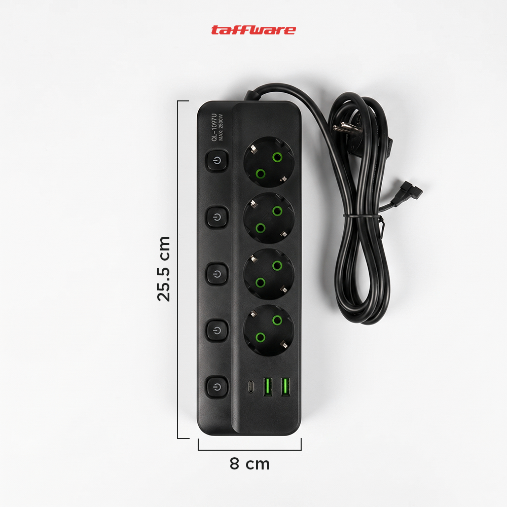 Gambar produk Taffware Stop Kontak Kabel 4 Socket 2 USB A USB C 1.8M 10A 250V 2500W - QL-1097U - 8