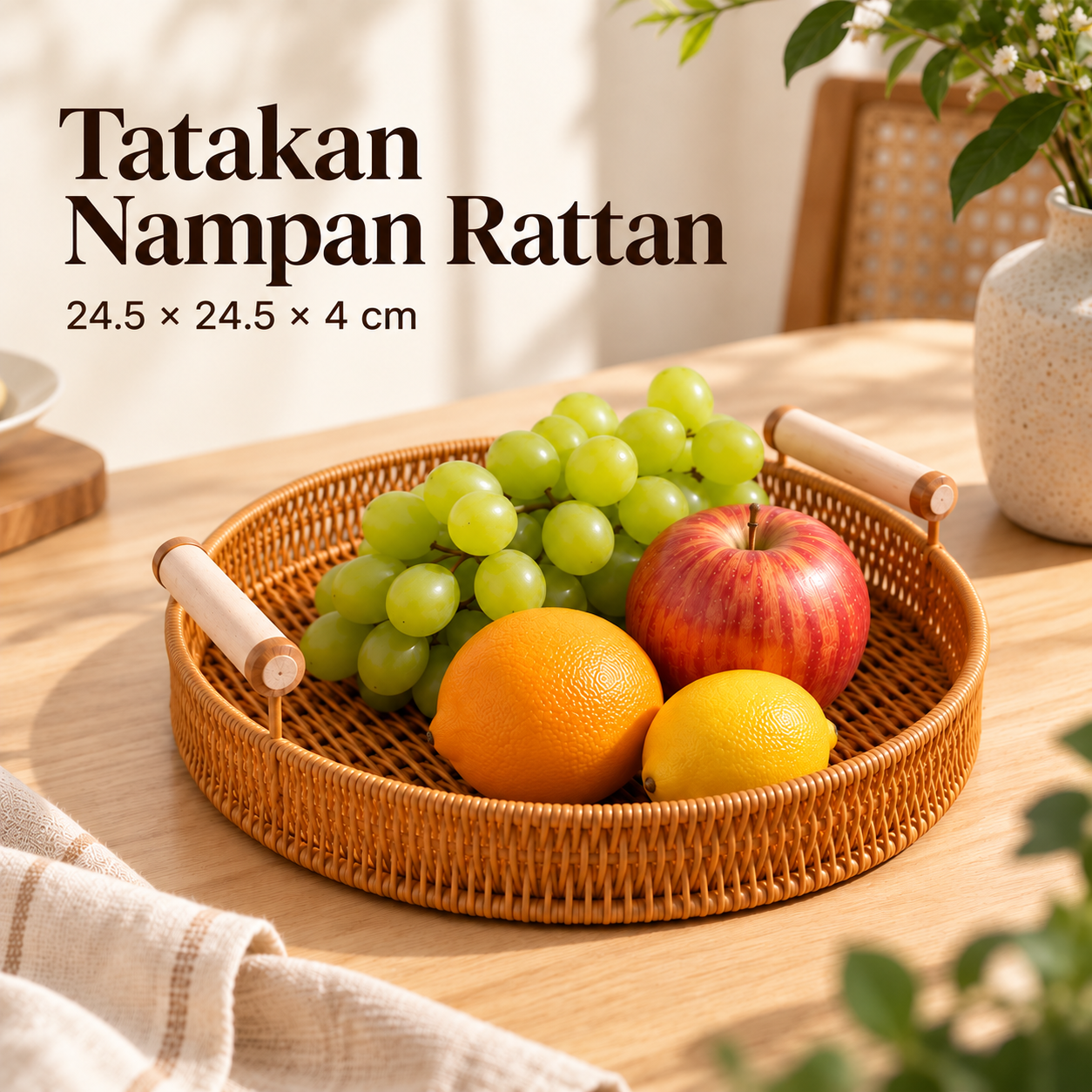 Gambar produk Slyz Tatakan Nampan Round Fruit Tray Rattan-like Basket with Handle 24.5x24.5x4cm - Slyz21 - Utama