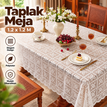 MAYZE Taplak Meja Renda Vintage Rose Lace Thickened Tablecloth - 1.2x1.2M White