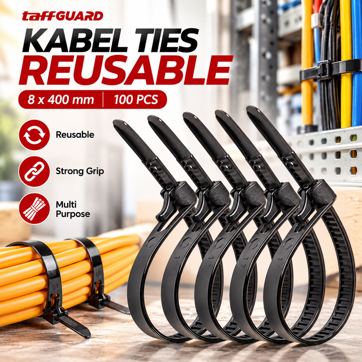 Gambar produk TaffGUARD Kabel Ties Zip Cable Organizer Reusable 8x400mm 100 PCS - NL816 - Utama