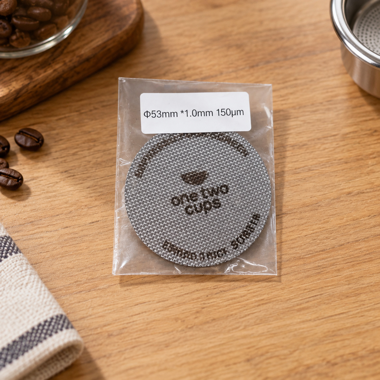 Gambar produk One Two Cups Puck Screen Portafilter Espresso Machine 150 Micron 53mm 1mm - SUS3 - Kemasan