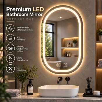 Nev Cermin Aesthetic Oval Dinding LED Wall Mirror Bathroom 12W 50x80cm - 1066