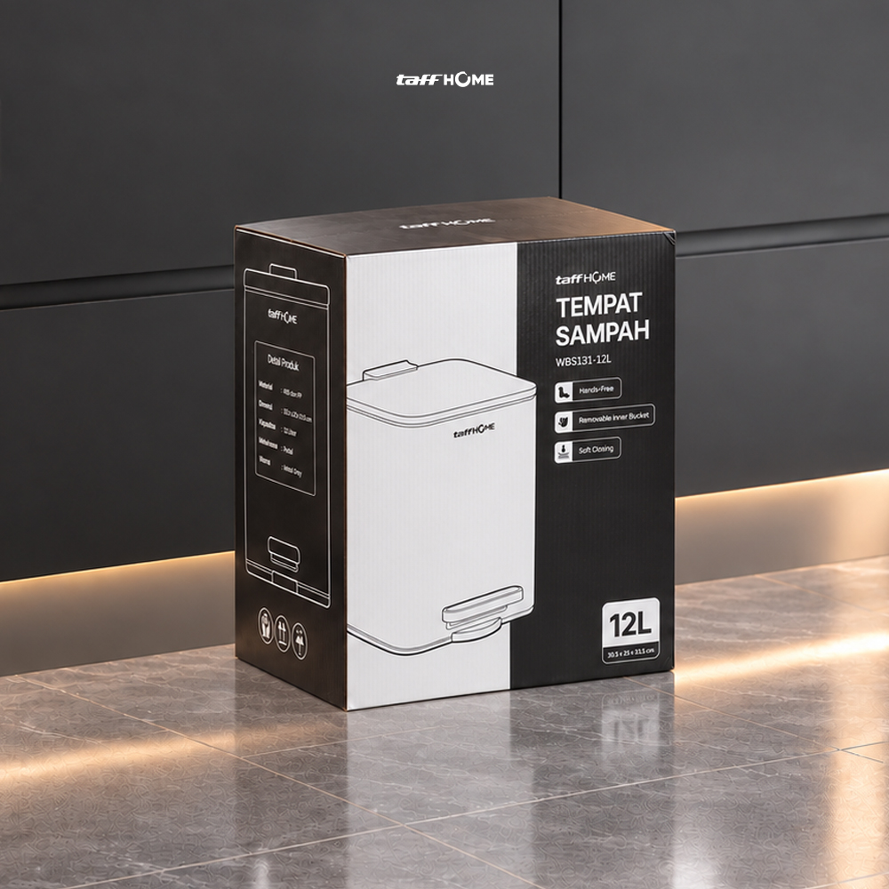 Gambar produk TaffHOME Tempat Sampah Injak Foot Pedal Trash Bin Stainless Steel 12L - M45 - Kemasan
