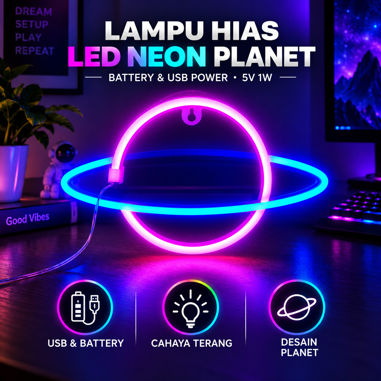 Gambar produk KEY-WIN Lampu Hias LED Neon Flex Battery and USB Power 5V 1W Planet - M04 - Utama