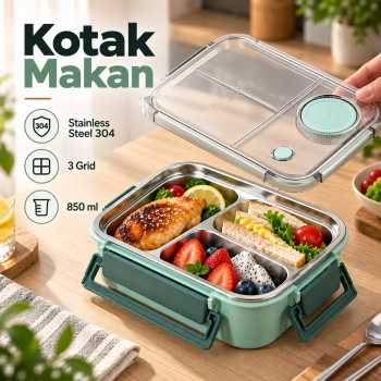 Danwels Kotak Makan Anti Tumpah Lunch Box Stainless Steel 3 Grid 850ml - P7