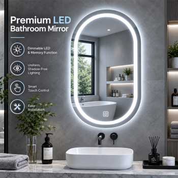 Nev Cermin Aesthetic Oval Dinding LED Wall Mirror Bathroom 12W 50x80cm - 1066