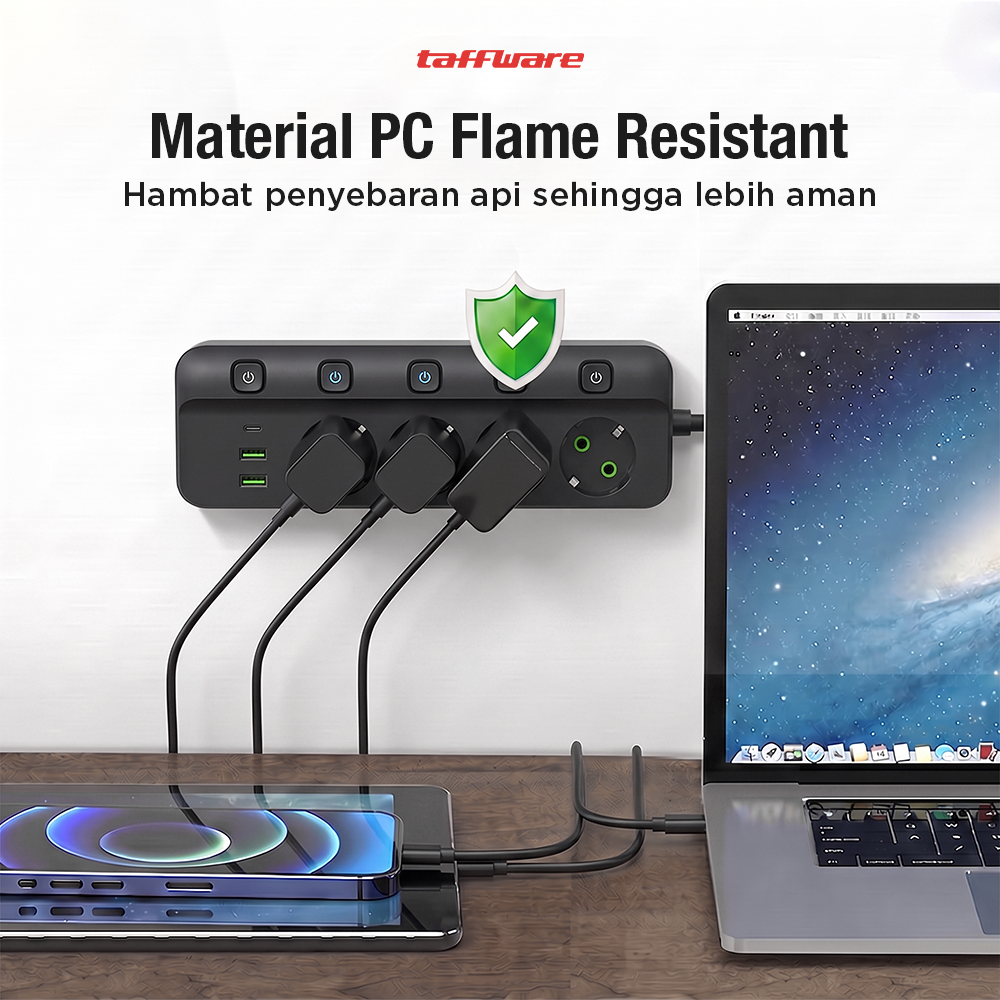 Gambar produk Taffware Stop Kontak Kabel 4 Socket 2 USB A USB C 1.8M 10A 250V 2500W - QL-1097U - 4