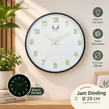 DnX Jam Dinding Bulat Quartz Silent Movement Glow in The Dark 29cm - INU8