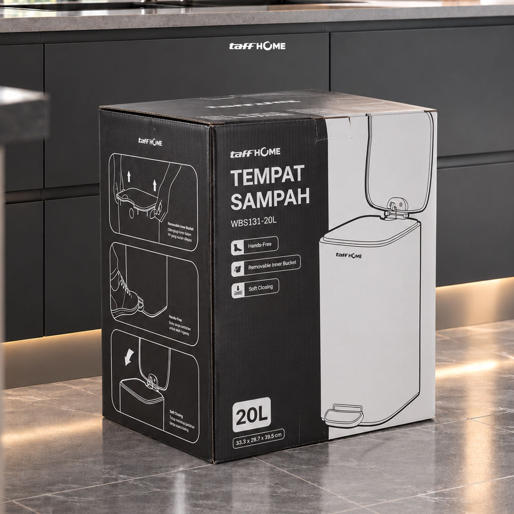 Gambar produk TaffHOME Tempat Sampah Injak Foot Pedal Trash Bin Stainless Steel 20L - M45 - Kemasan